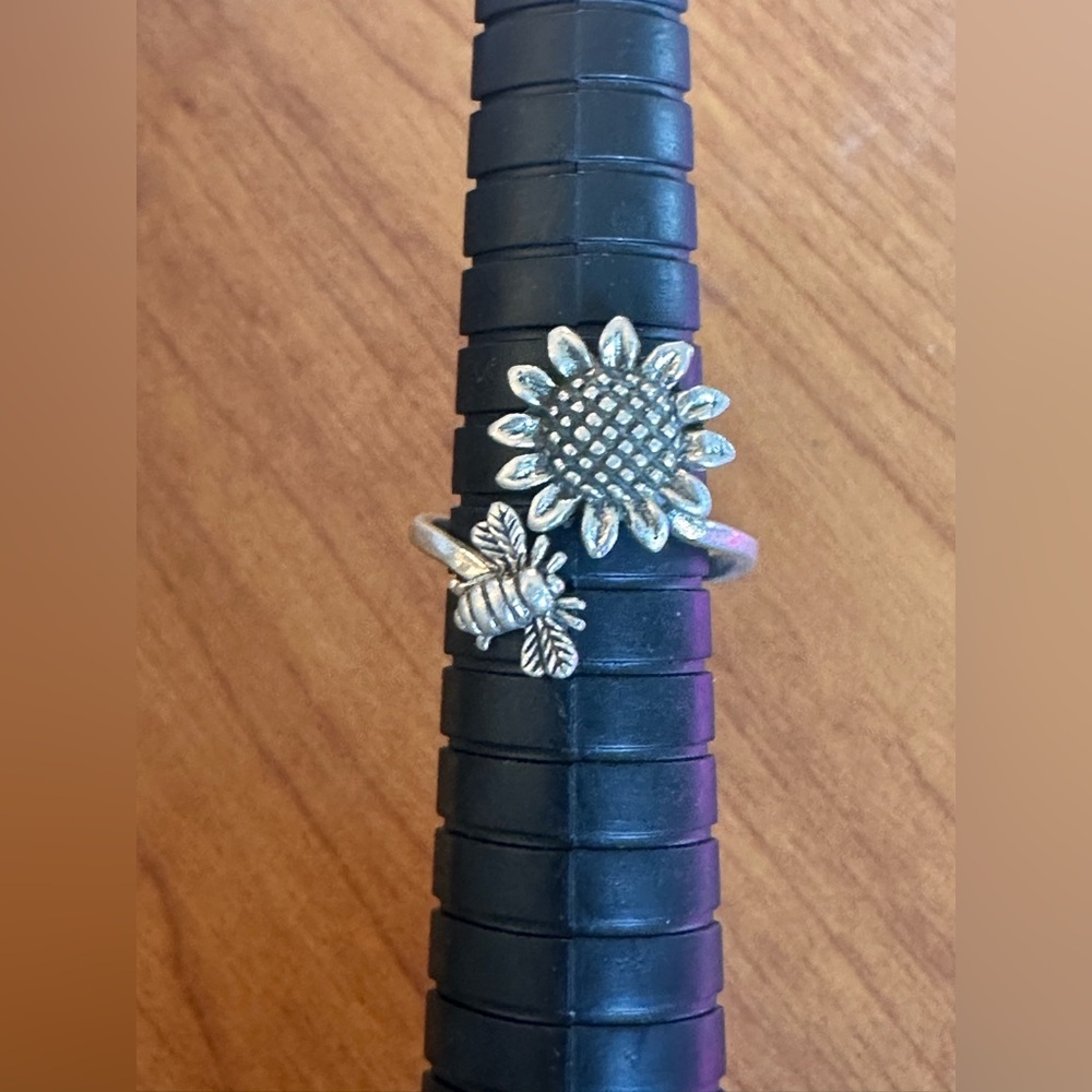 Adorable Sunflower and Bee sterling silver bypass adjustable ring